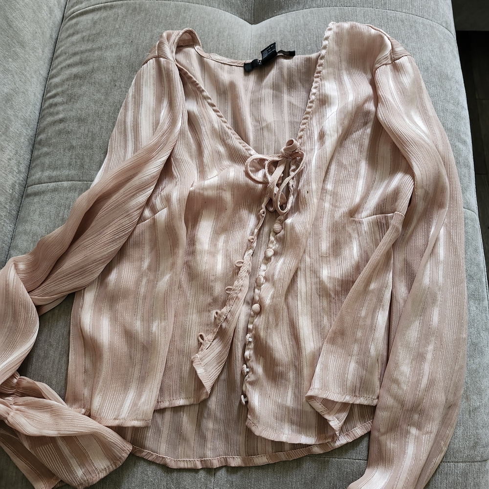 Forever 21 Pink Puff Sleeve Tie Front Blouse